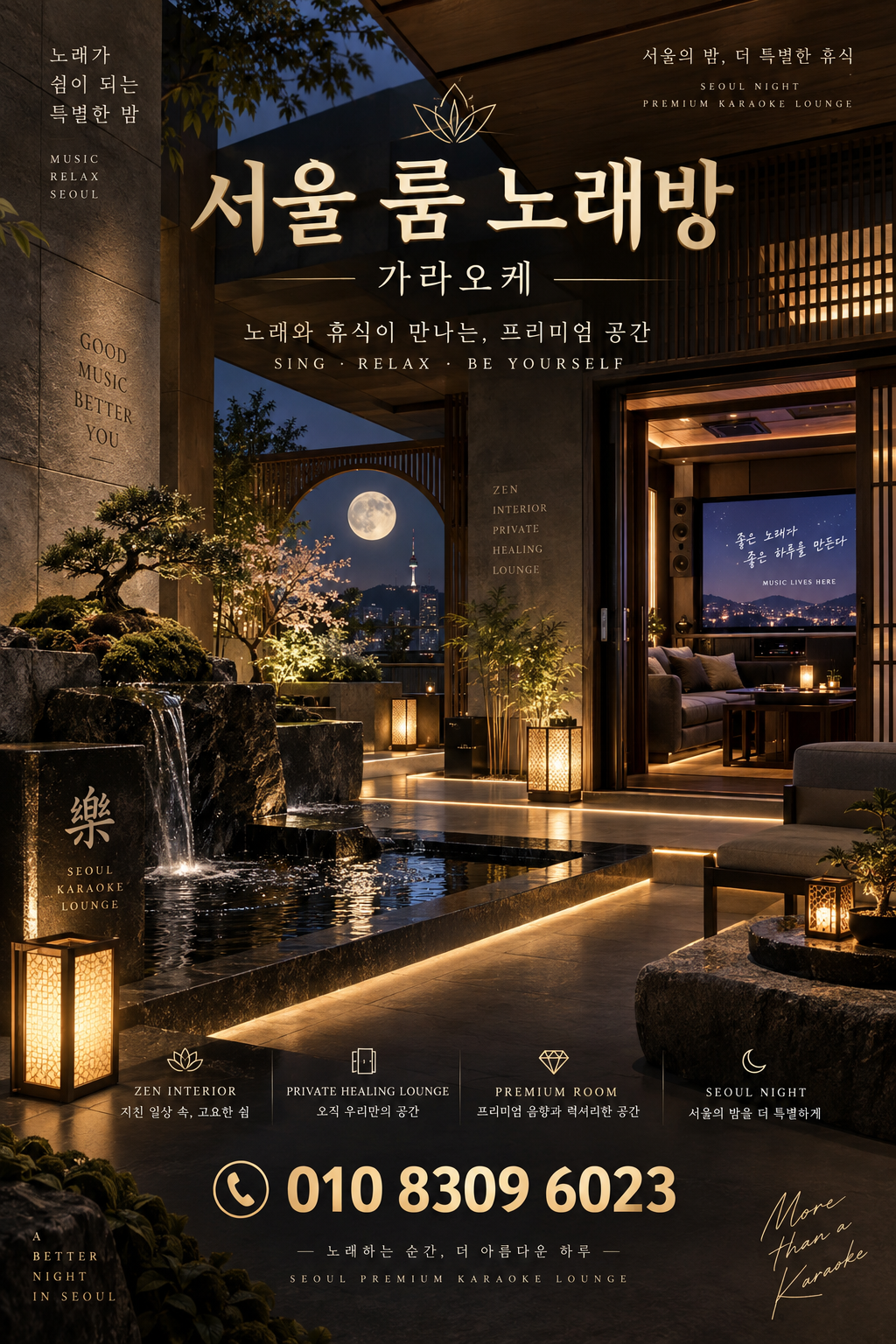 삼전동 가라오케 · 서울 룸 노래방 홍보 포스터, 정원과 달빛 라운지